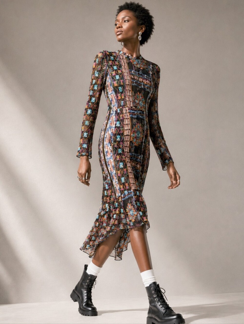 Zara Boho Embroidered Sheer Mesh Dress Long Sleeve Floral Tapestry Midi Small